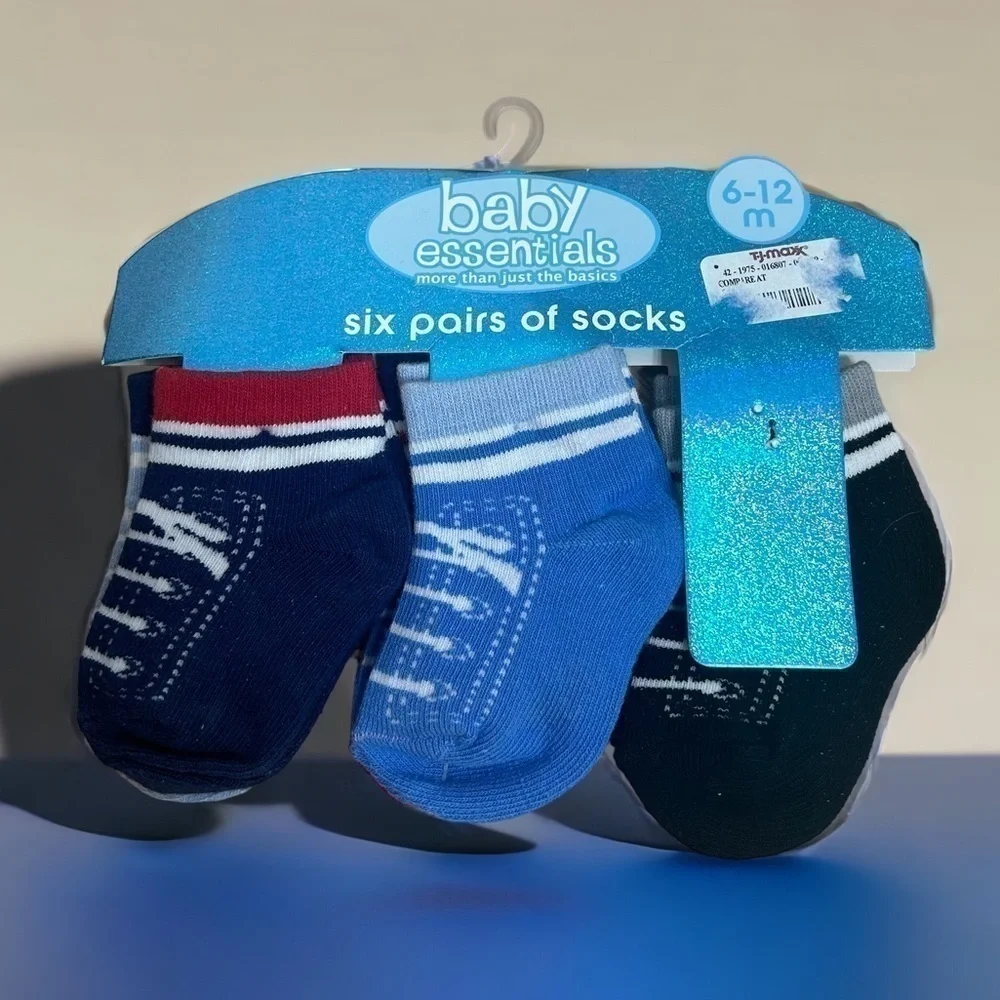 Baby Essentials 5 Pack Socks NEW 6-12 mos Lace Up Sneaker Sports Blue Black
